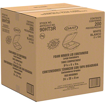Dart® Foam Hinged Lid Cont. - 9", 3 Cmpt., White