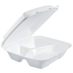 Dart® Foam Hinged Lid Cont. - 9", 3 Cmpt., White